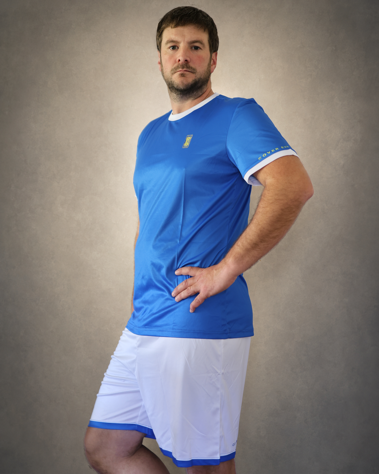 Retro Samba Blue full football training kit with blue shirt and white shorts