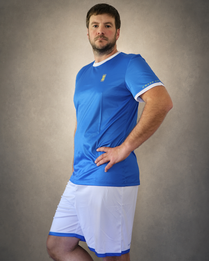 Retro Samba Blue full football training kit with blue shirt and white shorts