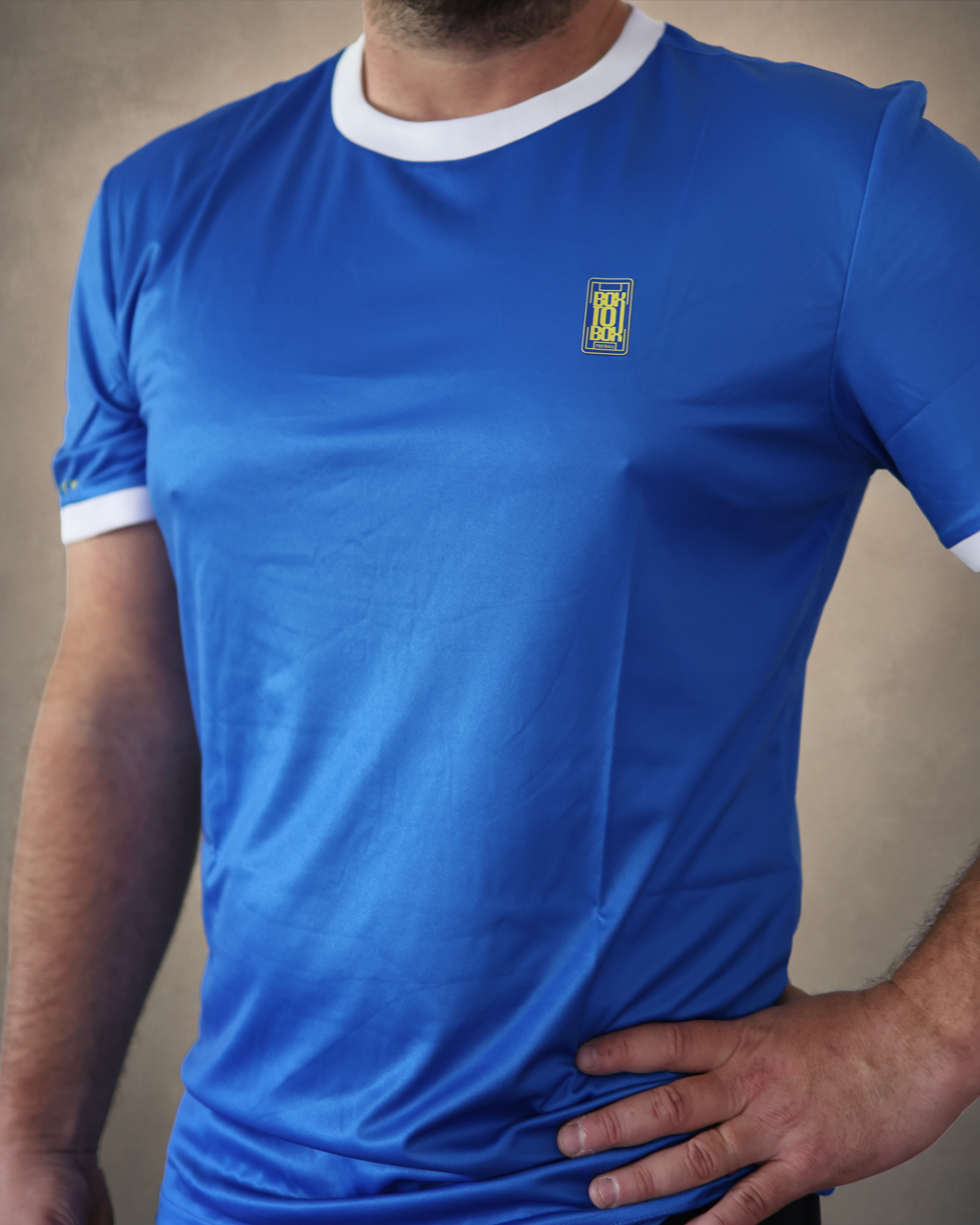 Box To Box Football chest badge on the Retro Samba Blue football shirt