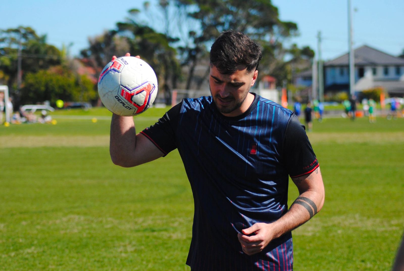 Box To Box Pulse Blue football kit on the pitch